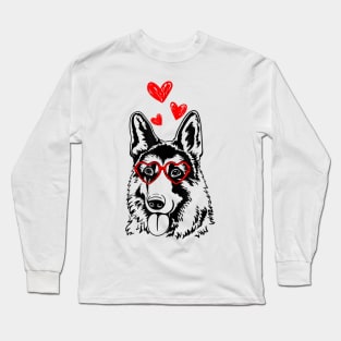 German Shepherd Heart Glasses Funny Cute Dog Valentine's Day Long Sleeve T-Shirt